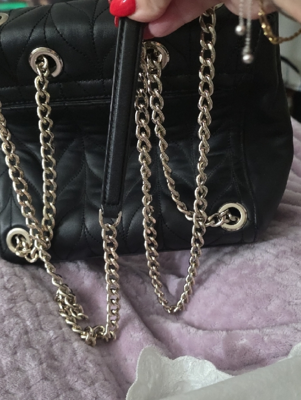 kate spade Black Quilted Leaf-Pattern Shoulder Bag with Gold Chain - Picture 3 of 10